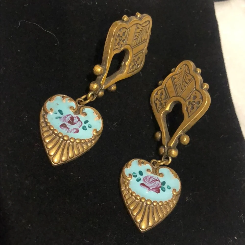 Vintage Heart Drop Earrings with Floral Design - Picture 2 of 5